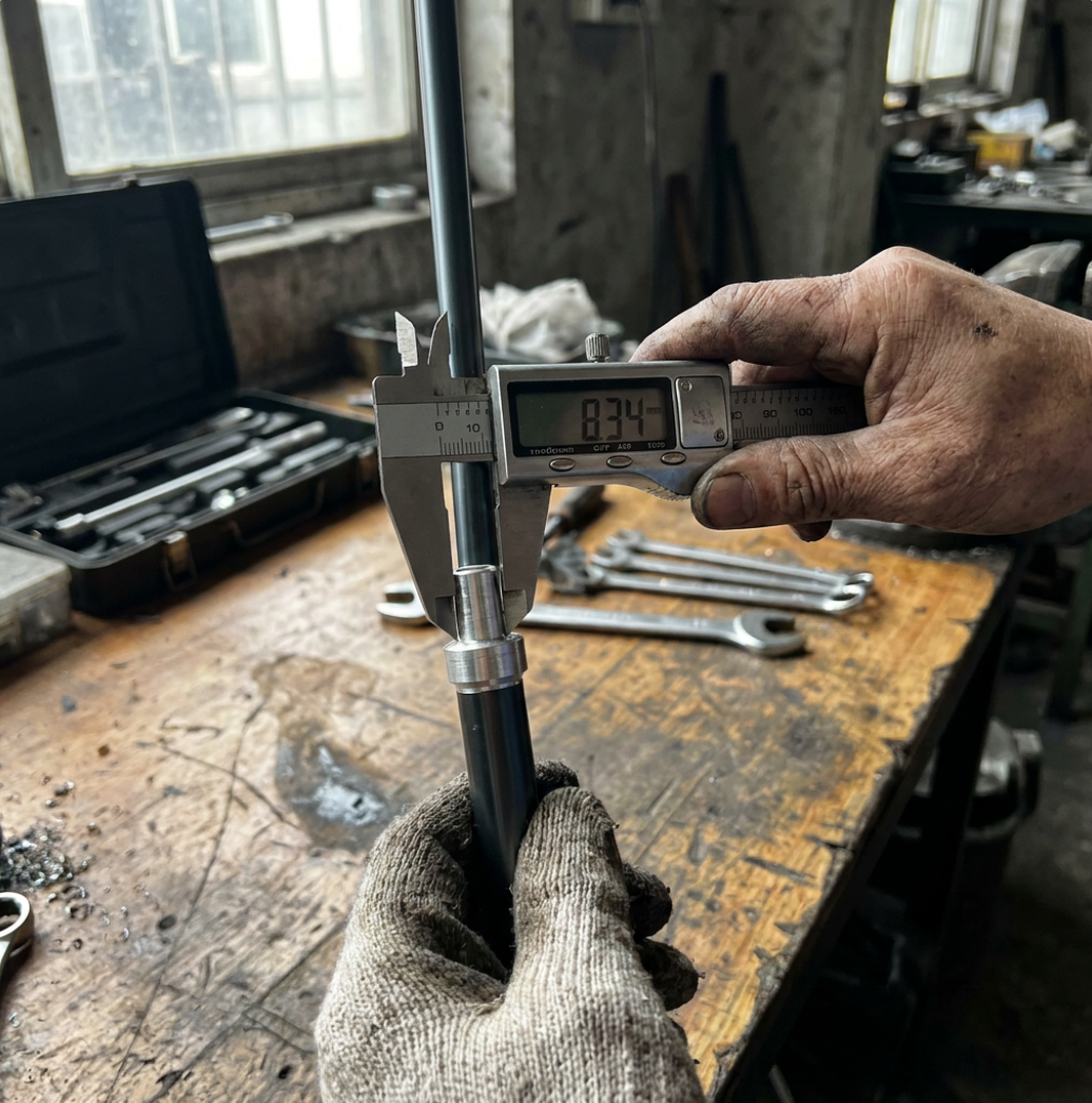REKTO factory technician measuring trekking pole components with a digital caliper