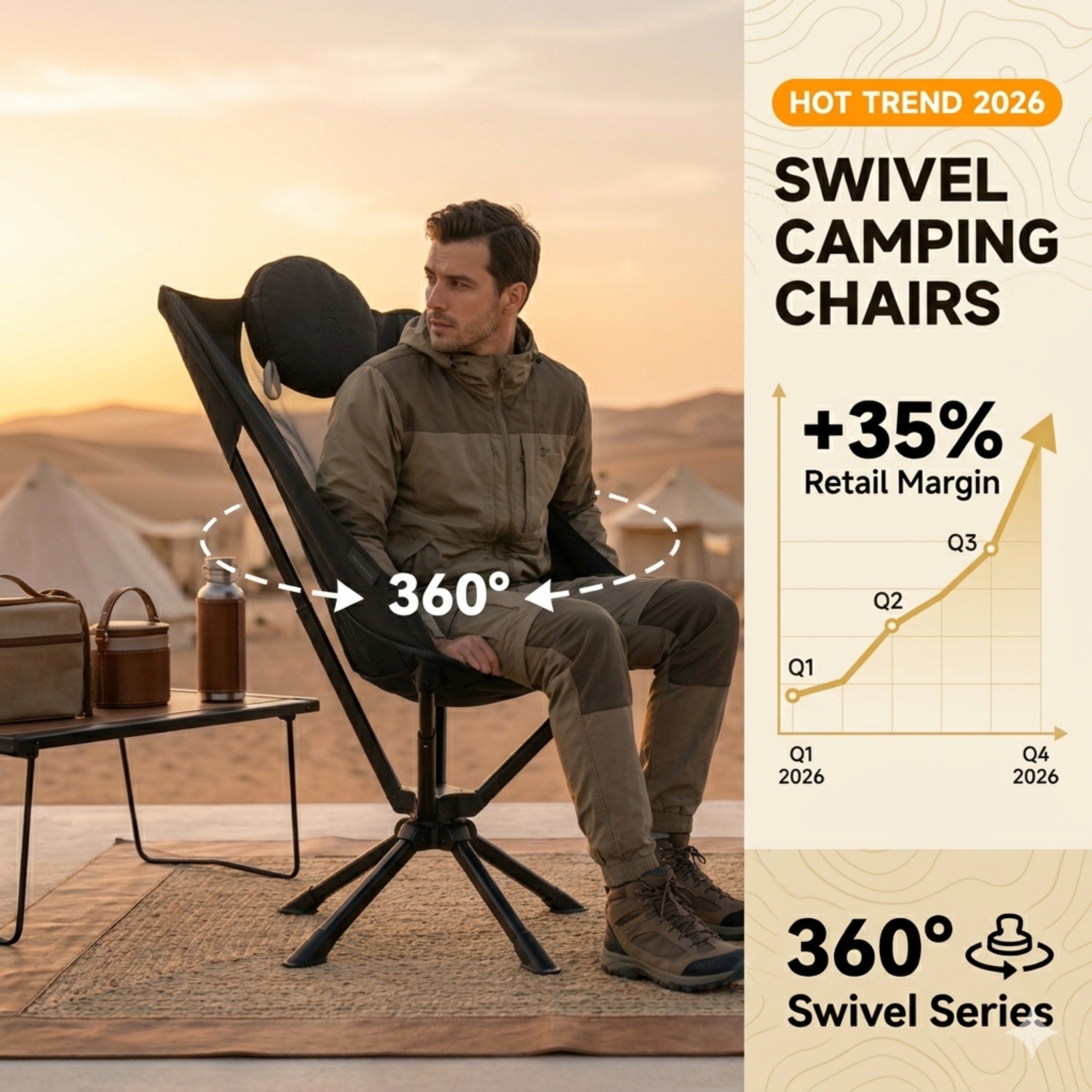 360 Swivel High Back Camping Chair Lightweight Portable Ergonomic Foldable Outdoor Aluminum Chair with Pillow & Cup Holder